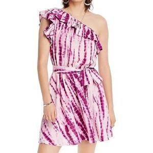 LINI NEW Purple White Tye Dye One Shoulder Linen Ruffle Dress Size S